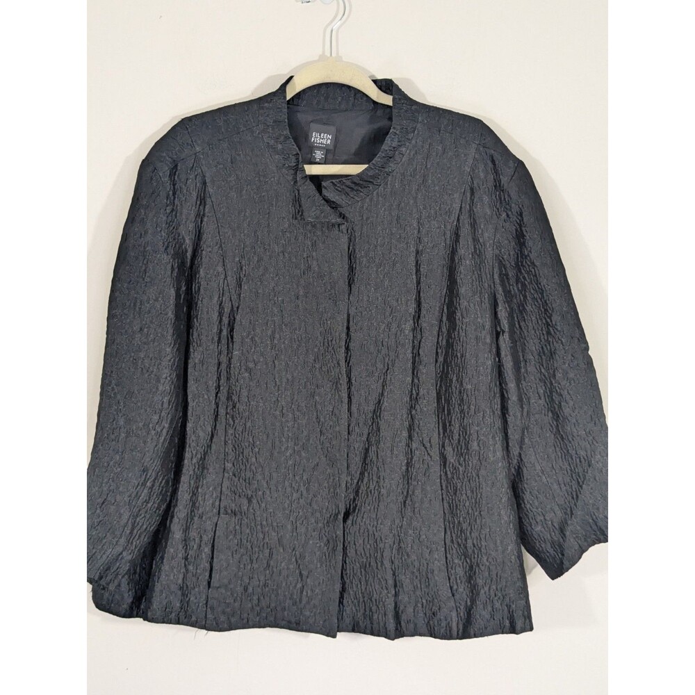 Eileen Fisher Blazer Jacket Silk Textured Crinkled Lined Snap Down Black Sz 2X